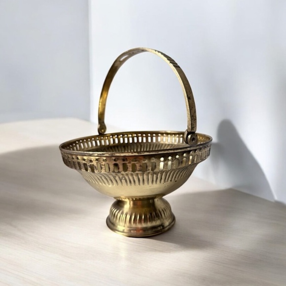 Vintage MCM Brass gold Handcrafted Round Jali Cut Basket …